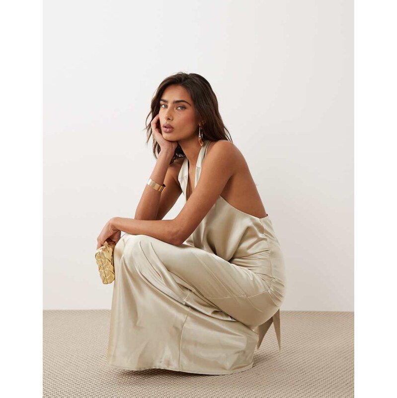 Aria Cove satin deep cowl neck scarf detail maxi dress in light