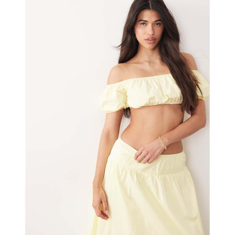 Kaiia exclusive cotton puff off the shoulder sleeve bandeau crop