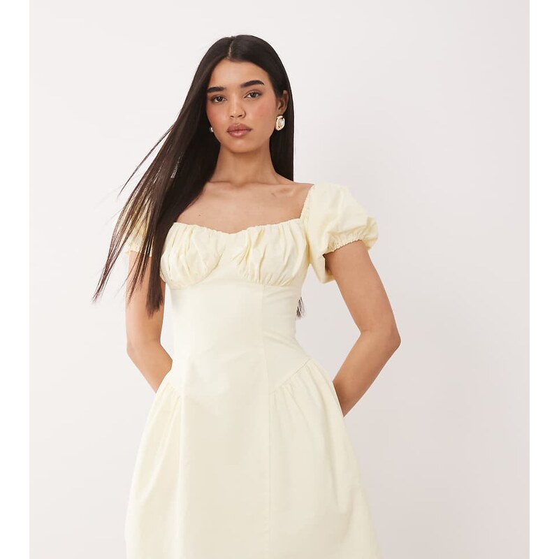 Kaiia exclusive cotton milkmaid puff sleeve hip pleat detail mini 115414167