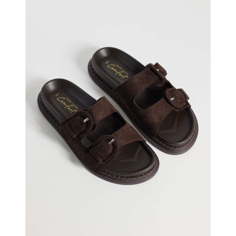 New Look faux suede double strap buckle sandal in mid brown