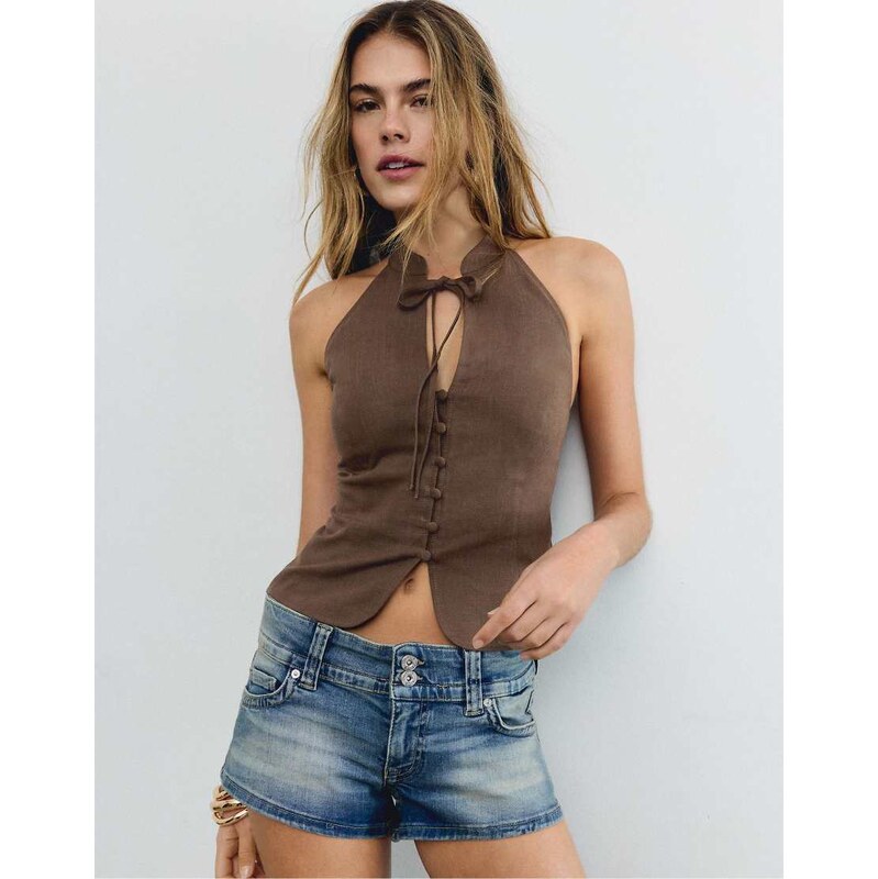Stradivarius Qipao halter button top in brown 115163732