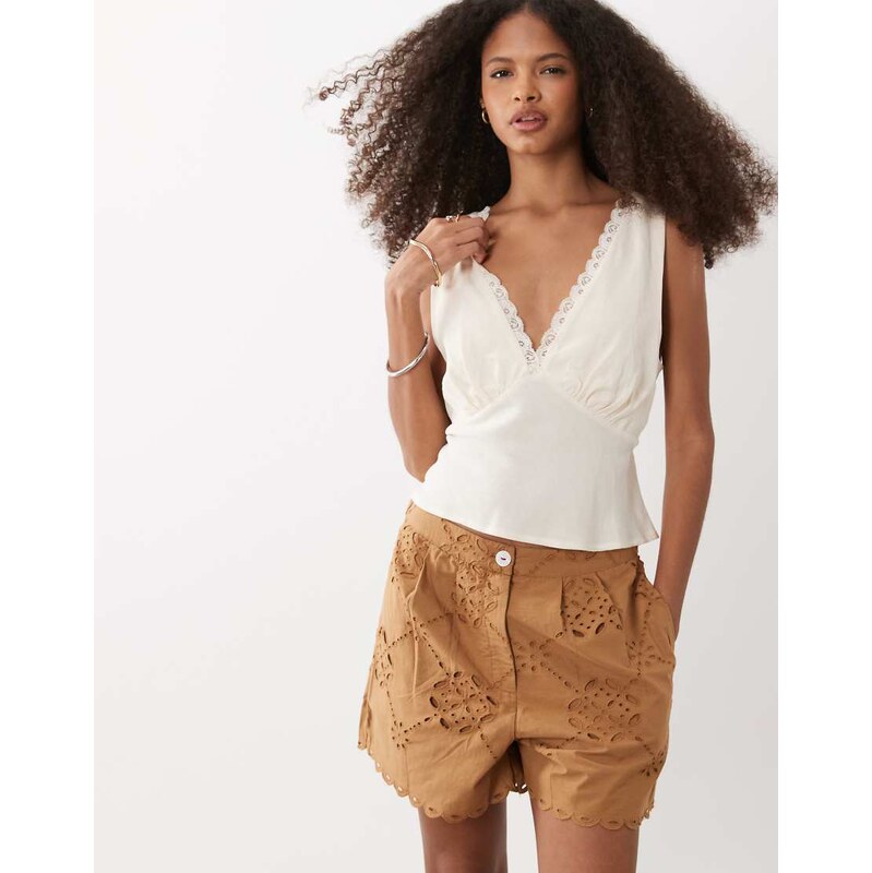 River Island cutwork poplin shorts in brown 115372954