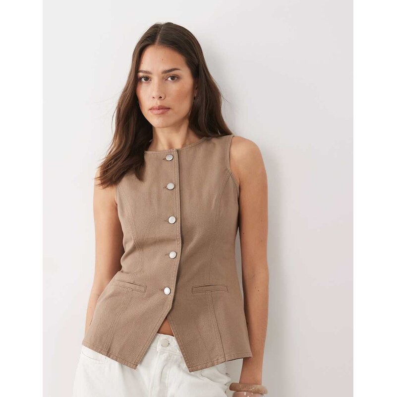 Threadbare crew neck denim waistcoat in mocha brown 115515758