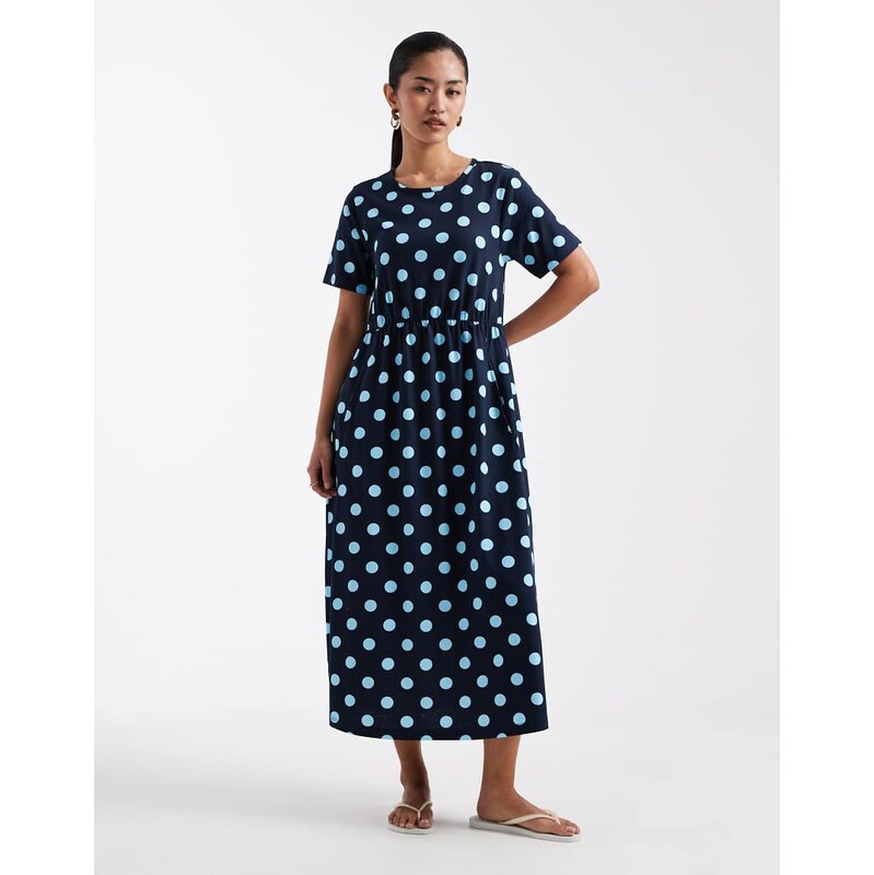 Threadbare jersey short sleeve midi dress in navy and blue polka