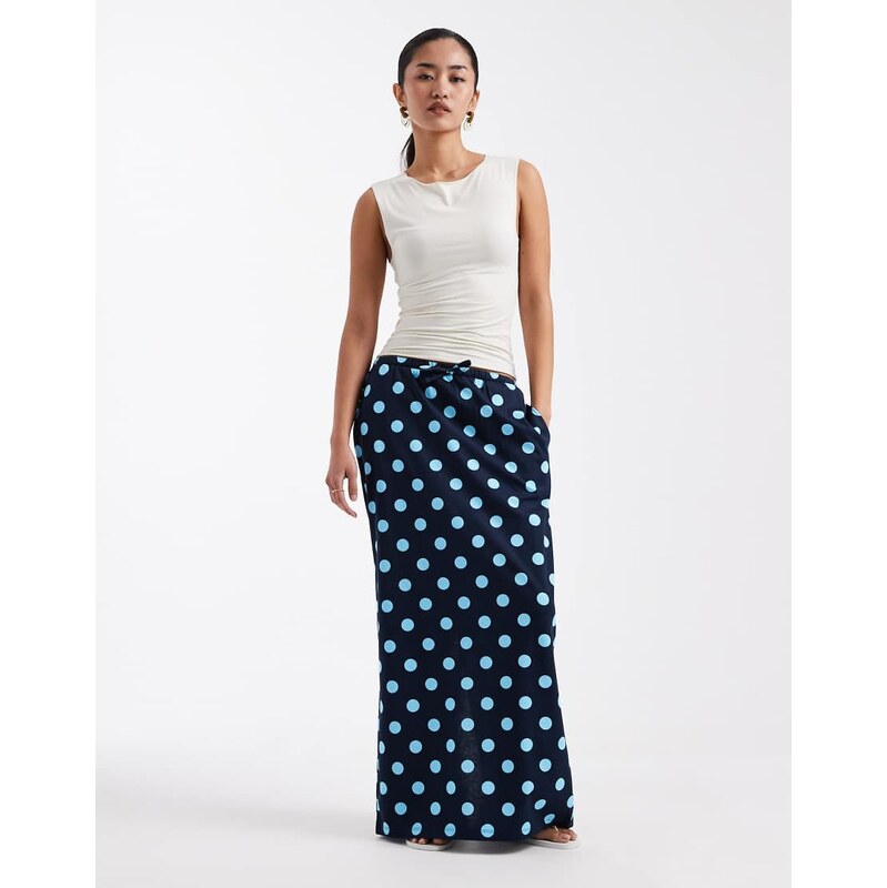 Threadbare jersey maxi skirt in navy and blue polka dot print