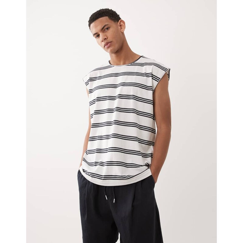 Brave Soul oversized tank vest in white & navy stripe
