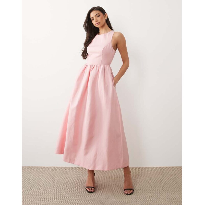 Forever New linen cross back midi dress in pale pink 115239926