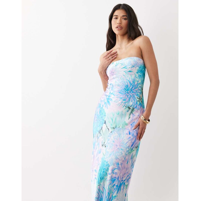 Forever New satin bandeau maxi dress in blue floral 115136220