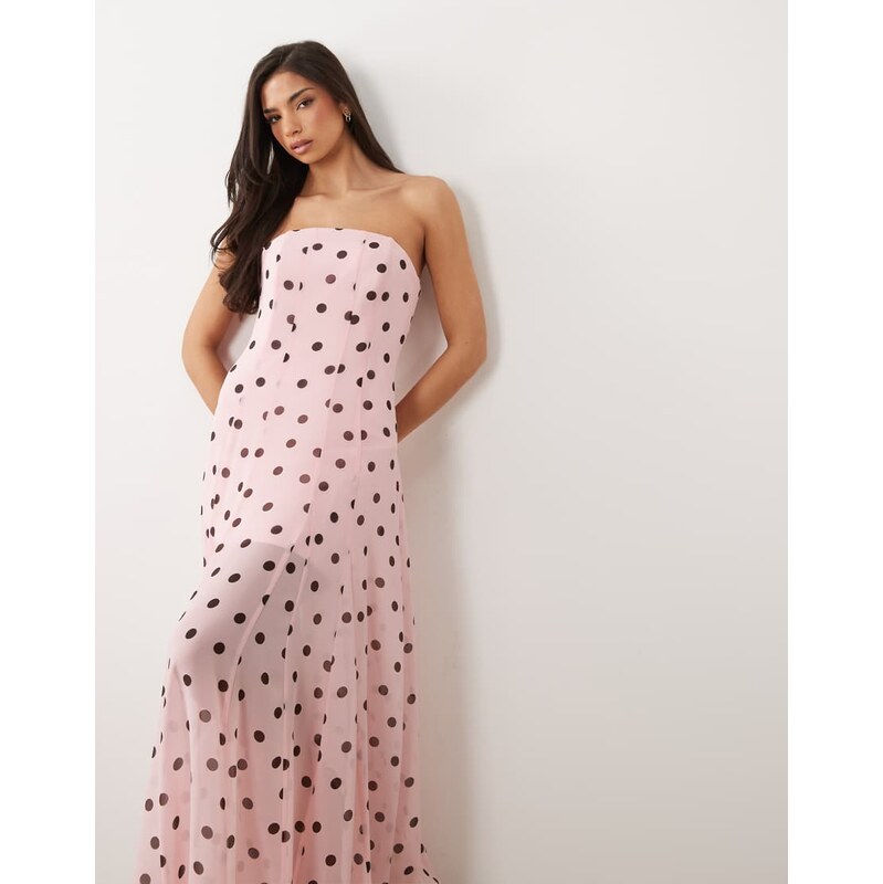 Forever New chiffon bandeau maxi dress in pink polka dot 115520263