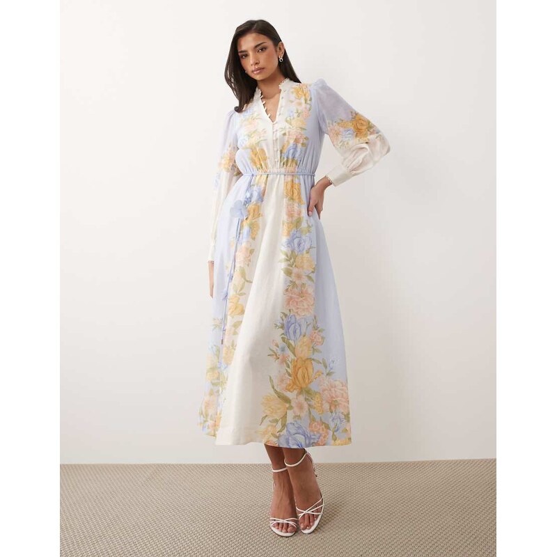 Forever New linen look balloon sleeve floral belt detail midaxi shirt 115149325