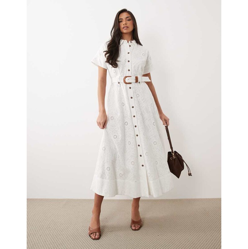 Forever New short sleeve broderie shirt belt detail midi dress in 115136223