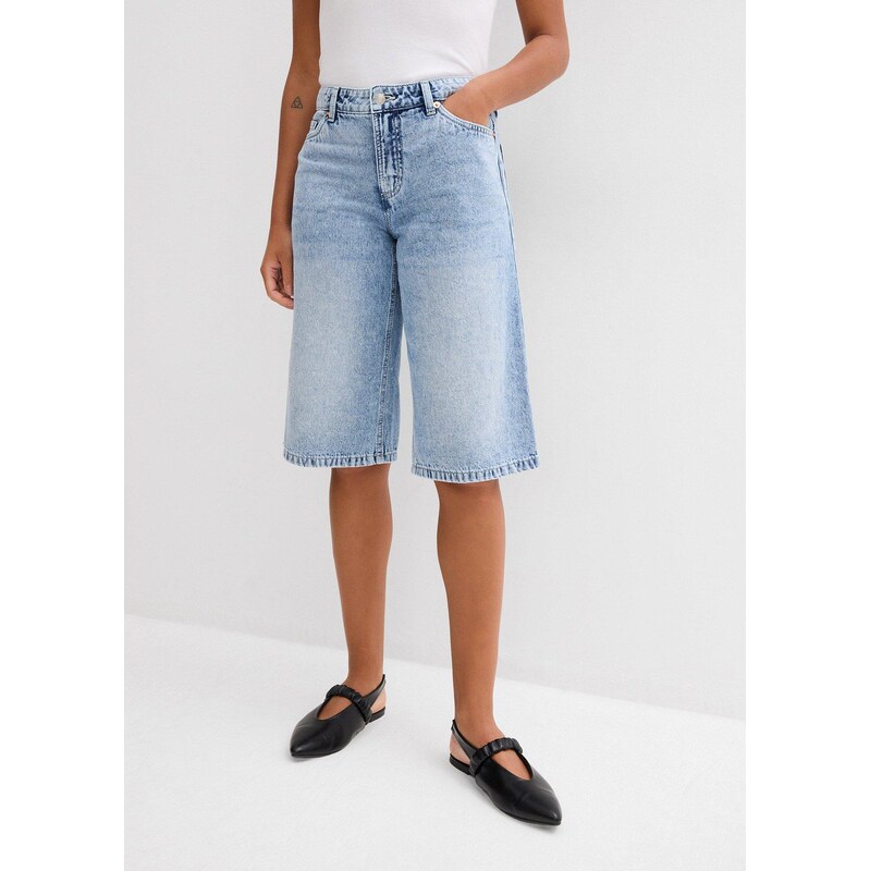 bonprix Džínové bermudy Mid Waist, Low Stretch modrá Žena