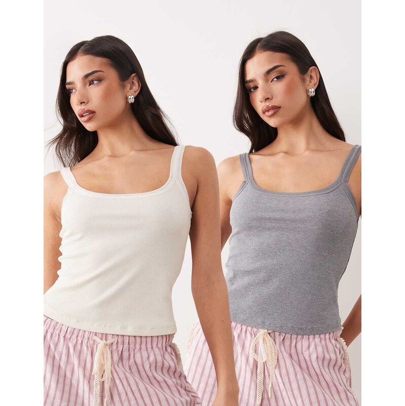 ASOS DESIGN 2 pack cami pyjama tops with mesh trim in cream & grey 115520999