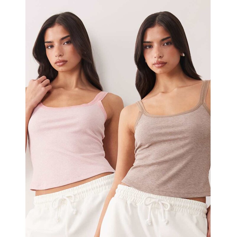 ASOS DESIGN 2 pack cami pyjama tops with mesh trim in pink & chocolate 115521001