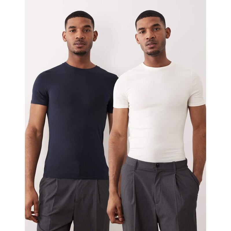 ASOS DESIGN Essentials 2 pack muscle fit t-shirts in cream and
