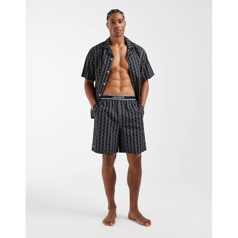 Lacoste monogram print lounge shorts with logo waistband in black