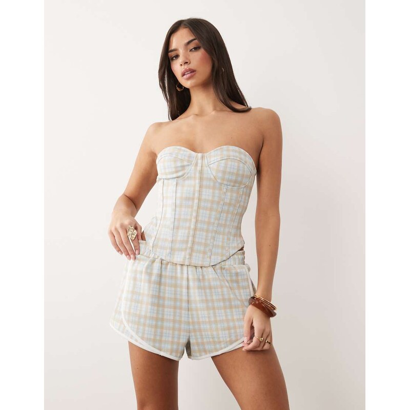 ASOS DESIGN mix & match brushed corset top in blue check print-Multi 115522056