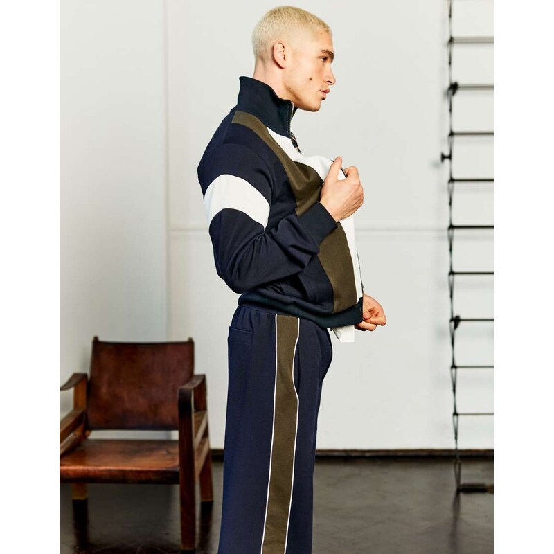 Topman classic fit paneled pique track top in navy