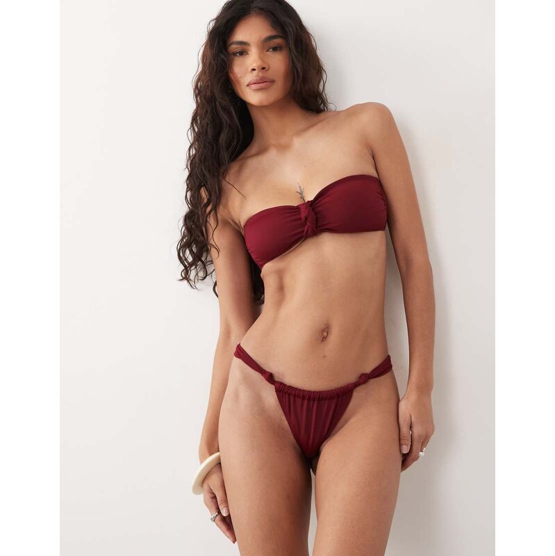 ASOS DESIGN Martina knot tanga bikini bottom in burgundy-Red