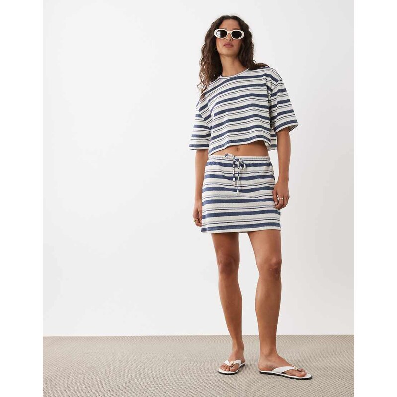 ASOS DESIGN knitted jersey mini skirt co-ord in blue and cream