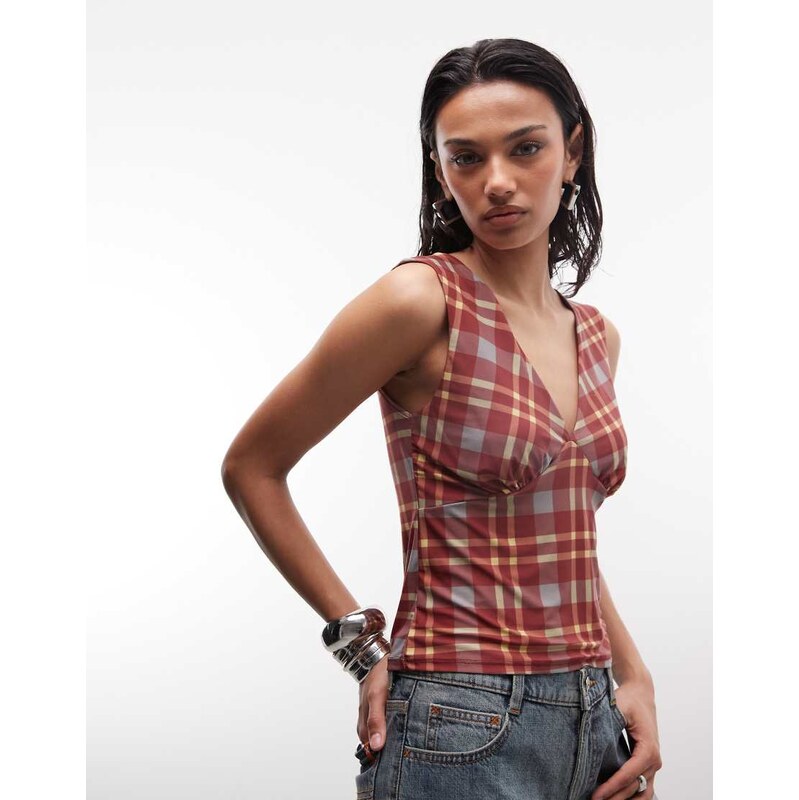 Reclaimed Vintage check print v neck tank top in red