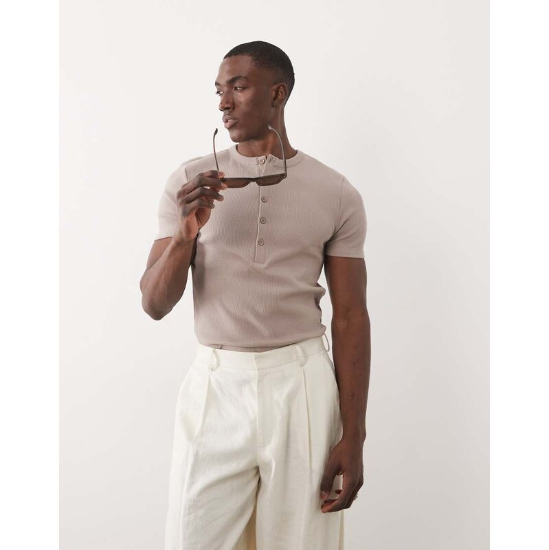 ASOS DESIGN muscle fit t-shirt with henley neck in beige rib