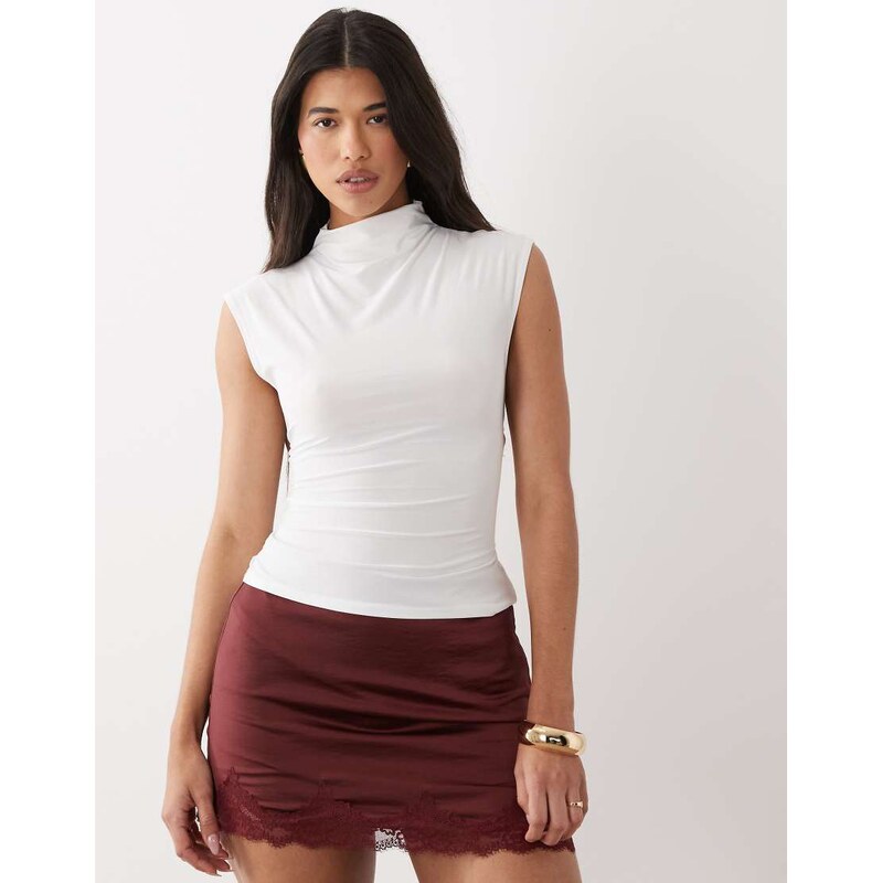 ASOS DESIGN slinky high neck lace up back top in ivory-White