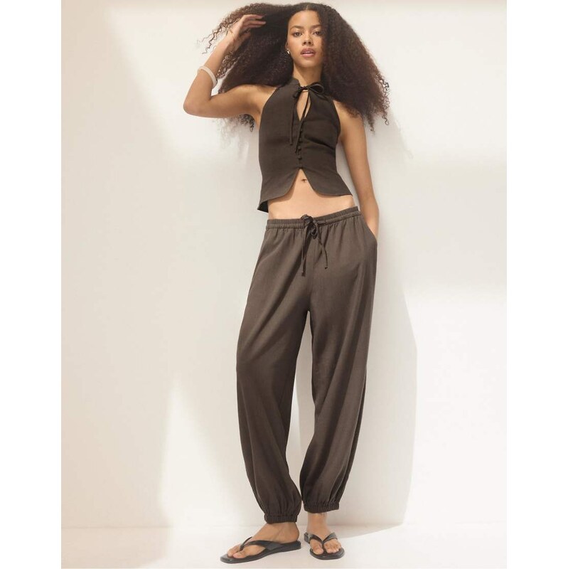 Stradivarius Linen-effect sarouel trousers in brown