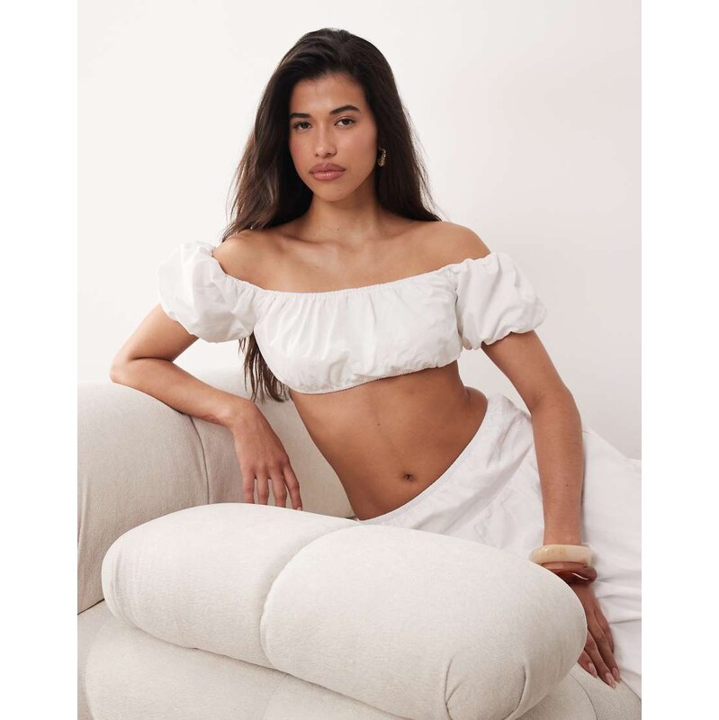 Kaiia exclusive cotton puff off the shoulder sleeve bandeau crop top 115422504