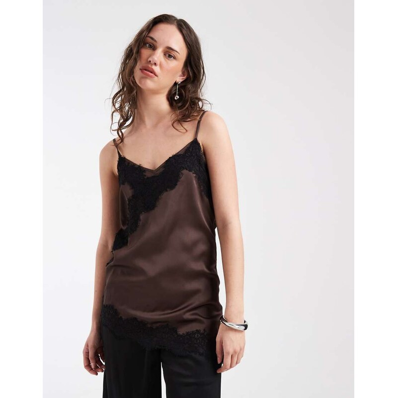 Pieces asymmetric lace trim satin cami top in chocolate brown 115184444