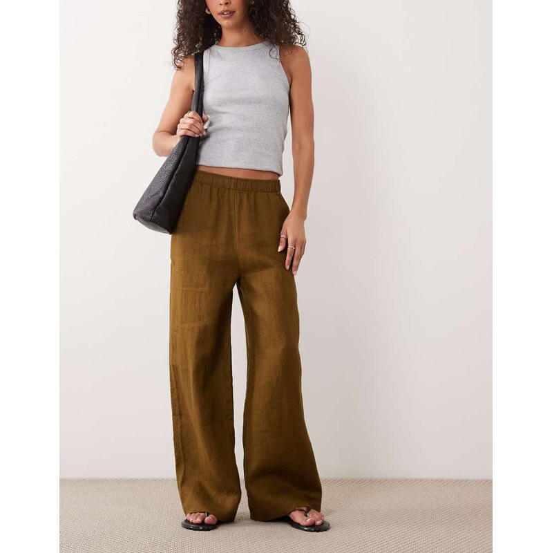 Mango 100% linen trouser in khaki-Green