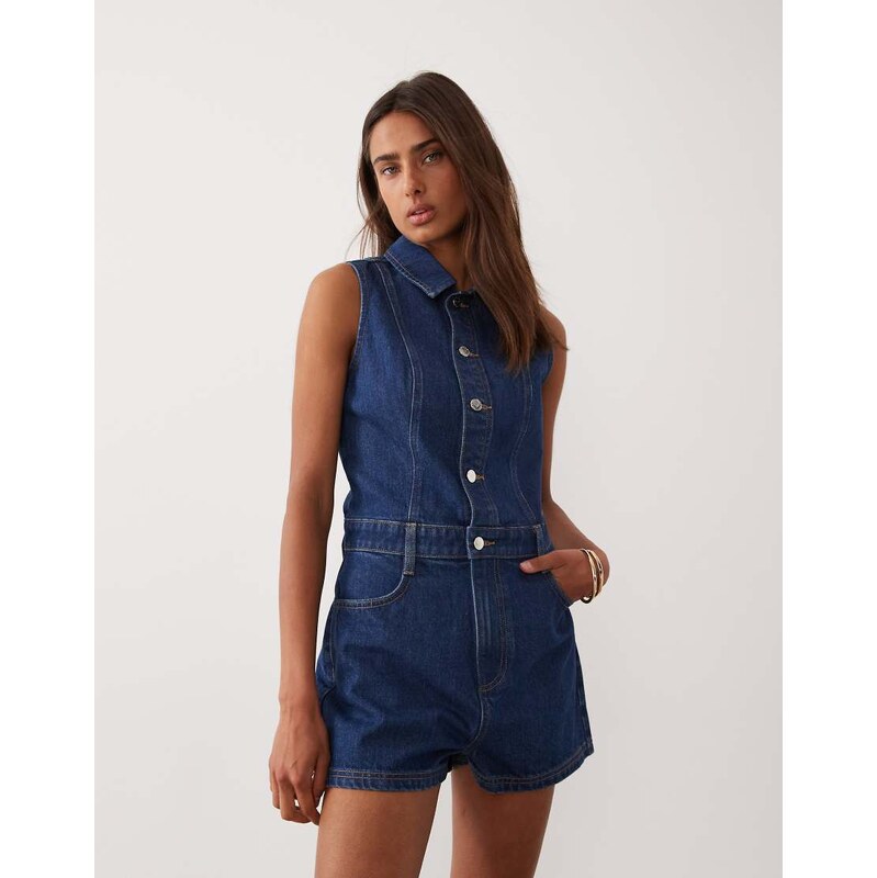Miss Selfridge sleeveless denim playsuit with seam detail in