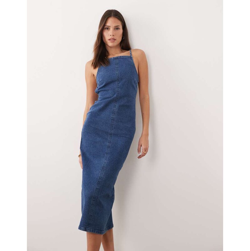 ASOS DESIGN denim halter midaxi dress with back detail in mid