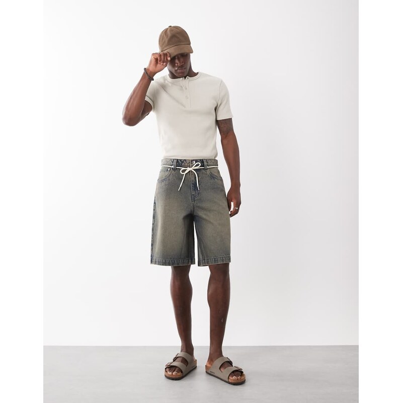 ASOS DESIGN loose denim jorts in brown tint with self tie