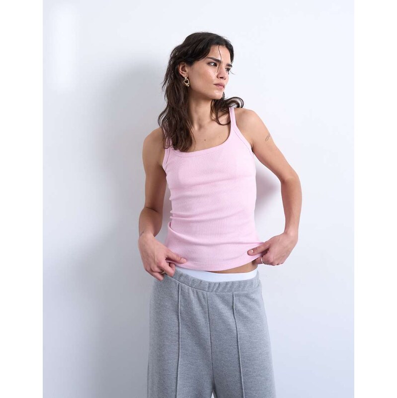 Topshop skinny strap scoop rib vest in pink