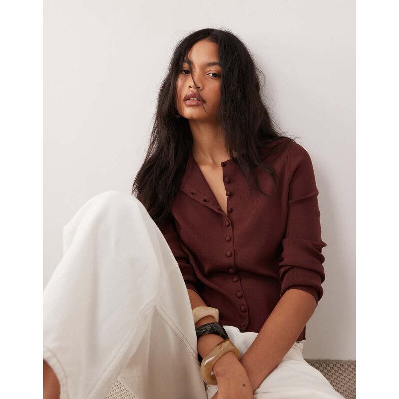 ASOS DESIGN compact crew neck cardigan with self covered buttons in chocolate-Brown