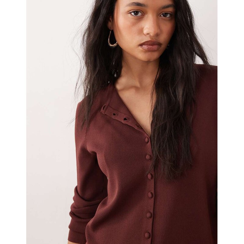 ASOS DESIGN compact crew neck cardigan with self covered buttons in chocolate-Brown
