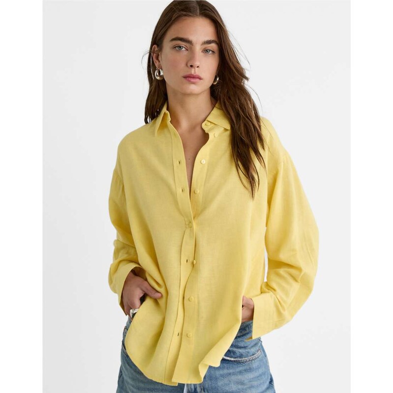 Stradivarius shirt with linen in yellow