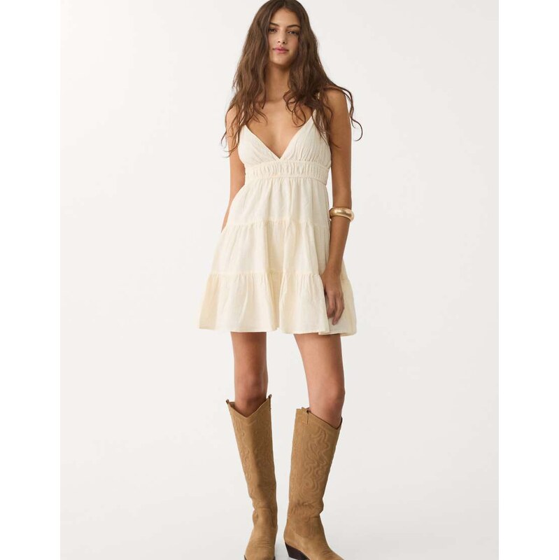 Stradivarius mini dress with tied detail at the back in ecru-White 115149238