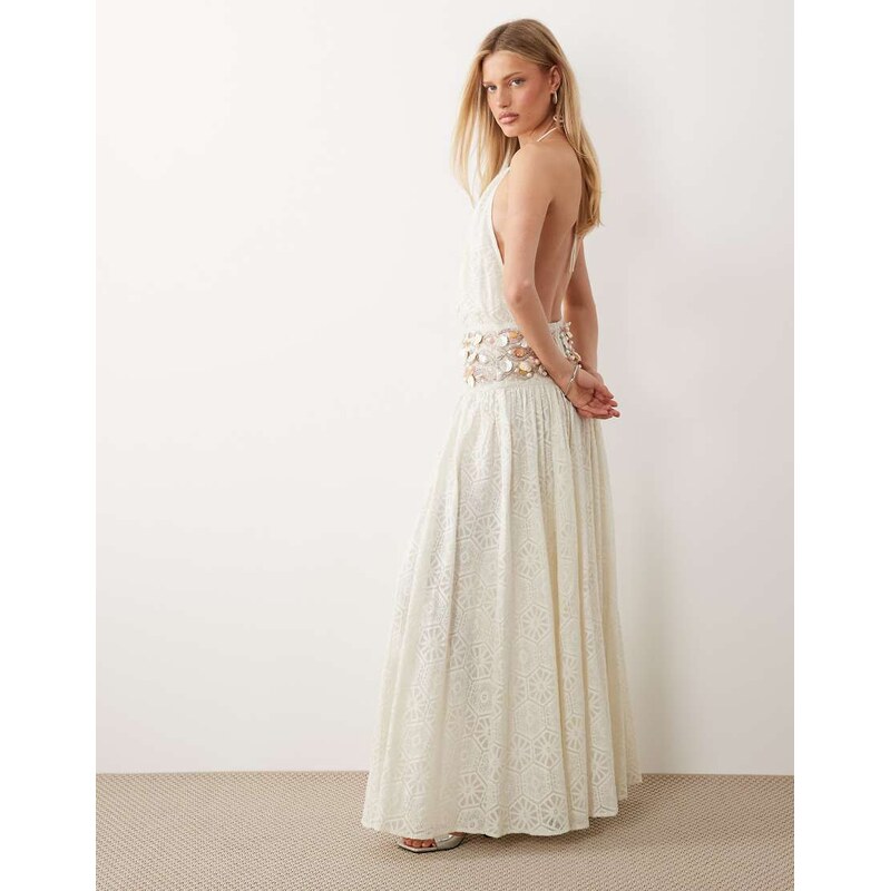 ASOS LUXE crochet maxi dress with embellished waist detail in white 115149263