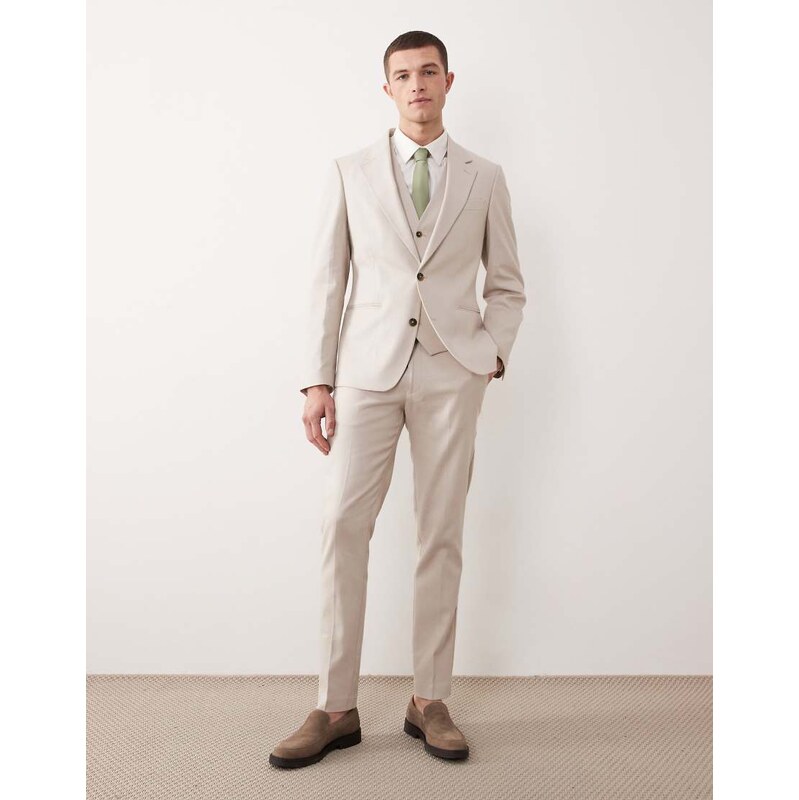 ASOS DESIGN skinny suit jacket in stone linen rich-Neutral