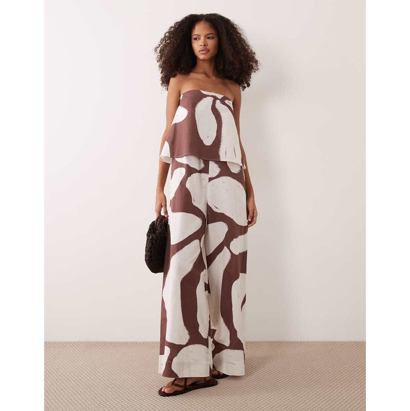 ASOS DESIGN bandeau double layer jumpsuit in brown print-White