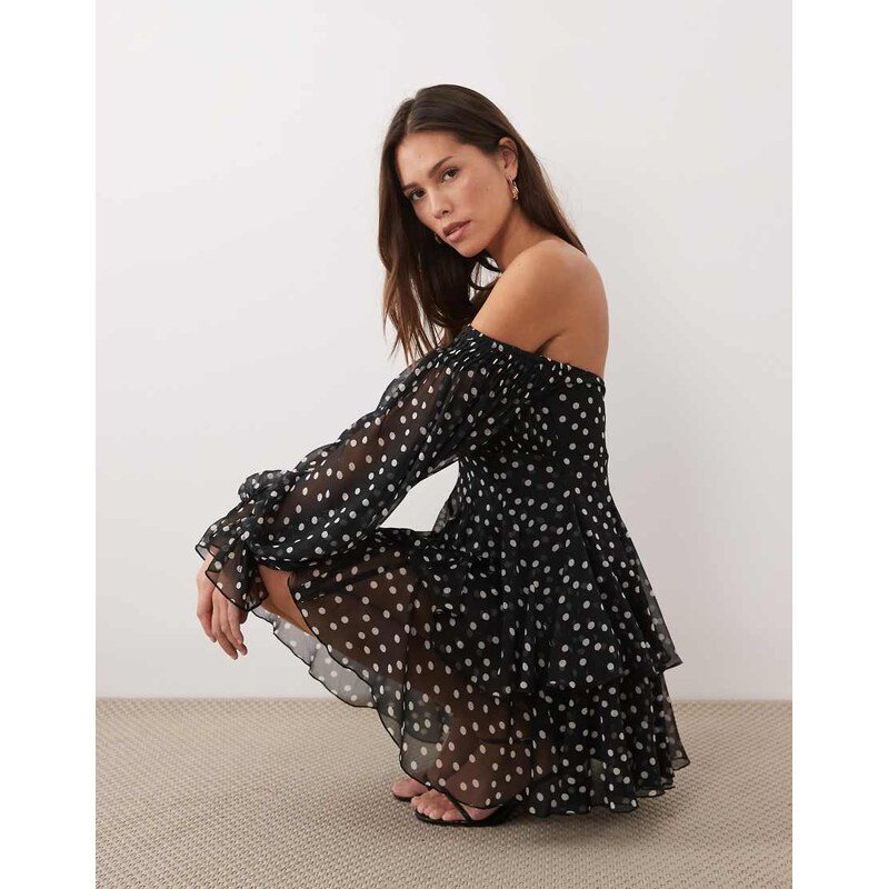 ASOS DESIGN double layer off shoulder godet mini dress in polka
