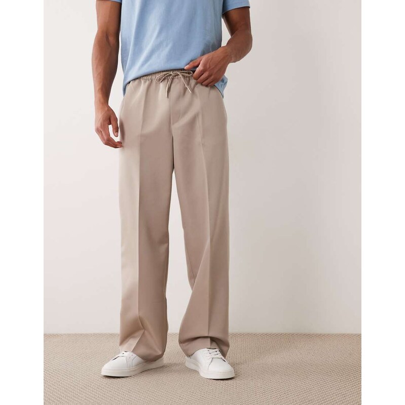 ASOS DESIGN tailored pull on wide leg trousers in stone-Neutral