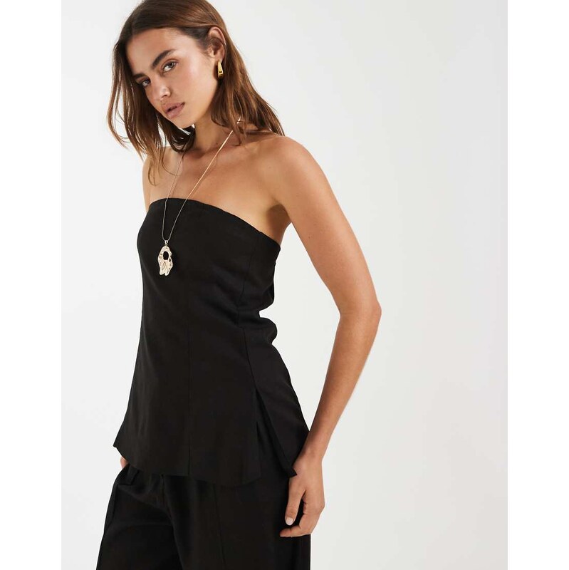 Pieces linen-touch bandeau longline top co-ord in black 115149389