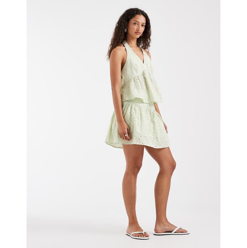 Vero Moda cotton broderie mini skirt co-ord in pale fog green