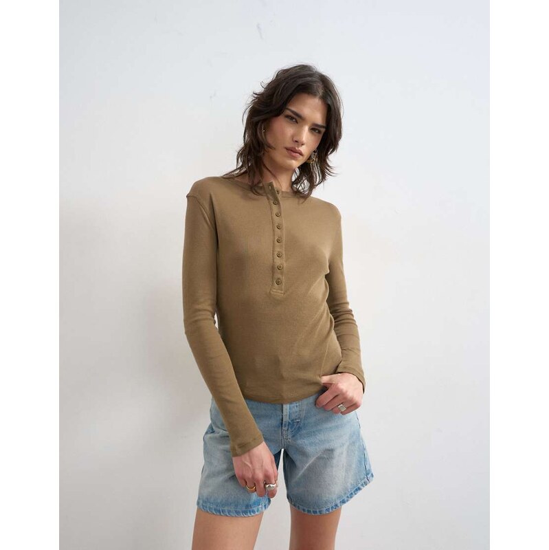 Topshop fitted long sleeve henley in khaki-Neutral