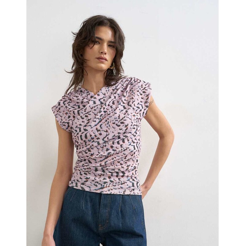 Topshop wrap front short sleeve top in multi