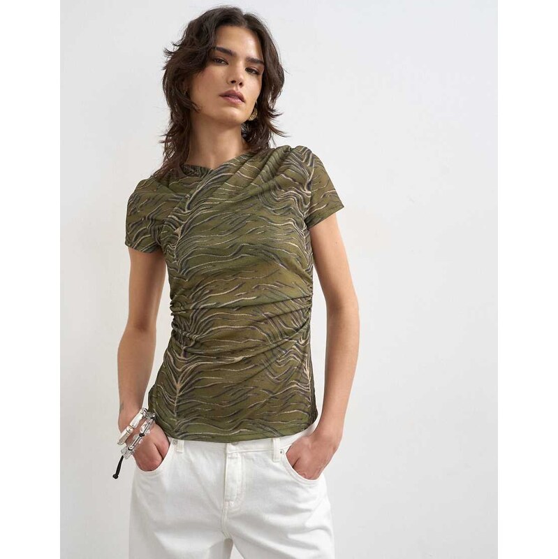 Topshop mesh ruched wrap short sleeve top in green-Multi