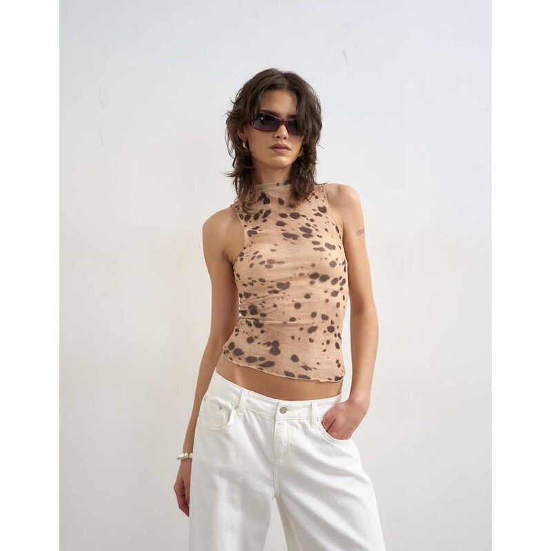 Topshop mesh high neck sleeveless top in deer print-Multi